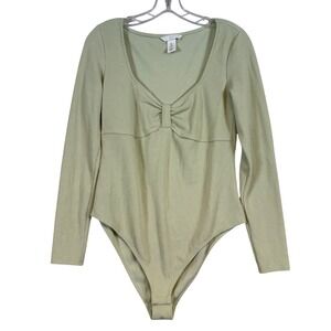 HM Womens Sage Green Ribbed Long‎ Sleeve Sweetheart Bow Bodysuit Large Coquette